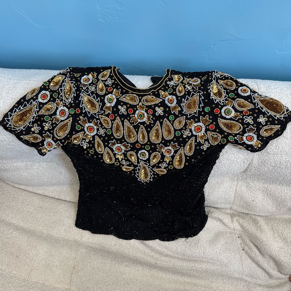 Vintage Laurence Kazar Silk Beaded Sequin Top Black Gold L